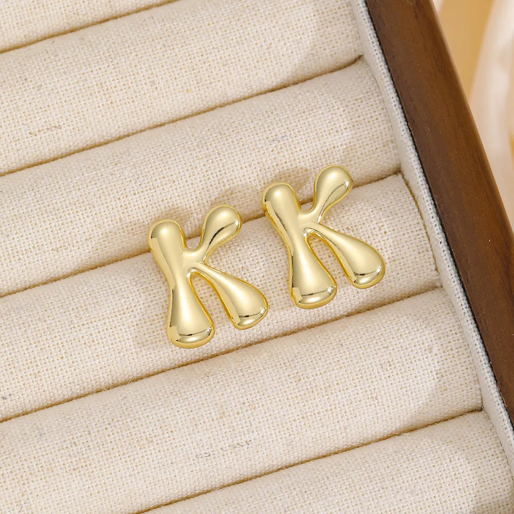 18K Gold-Plated Bubble Letter Stud Earrings in Style L - women's stud earrings