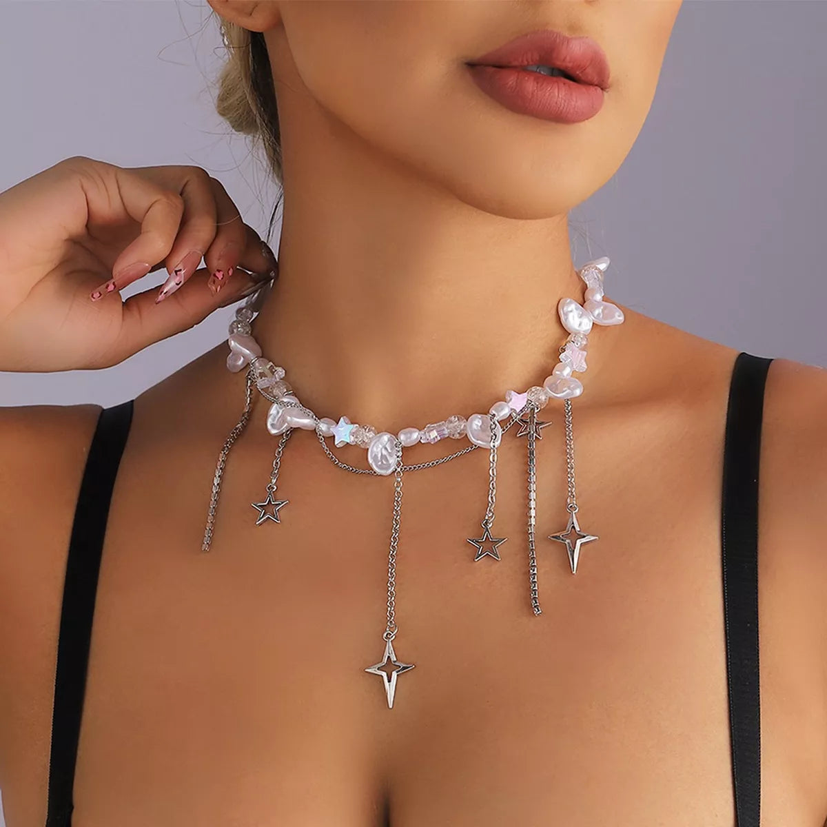 Bohemian Irregular Pearl Star Tassel Choker Necklace - alternate necklace view