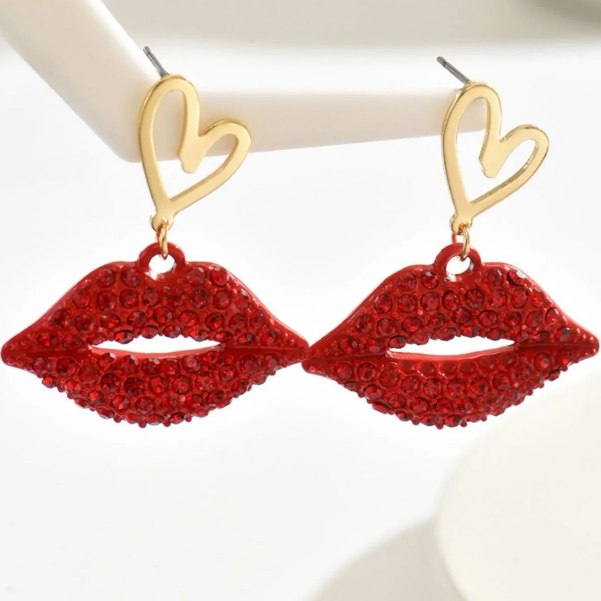 18K Gold-Plated Rhinestone Lips Heart Dangle Earrings - alternate earring view