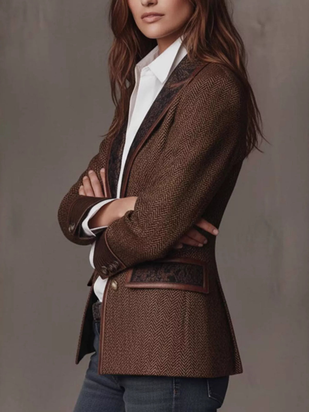 Full Size Lapel Collar Slim Fit Blazer Plus Size in Brown - Blossom's