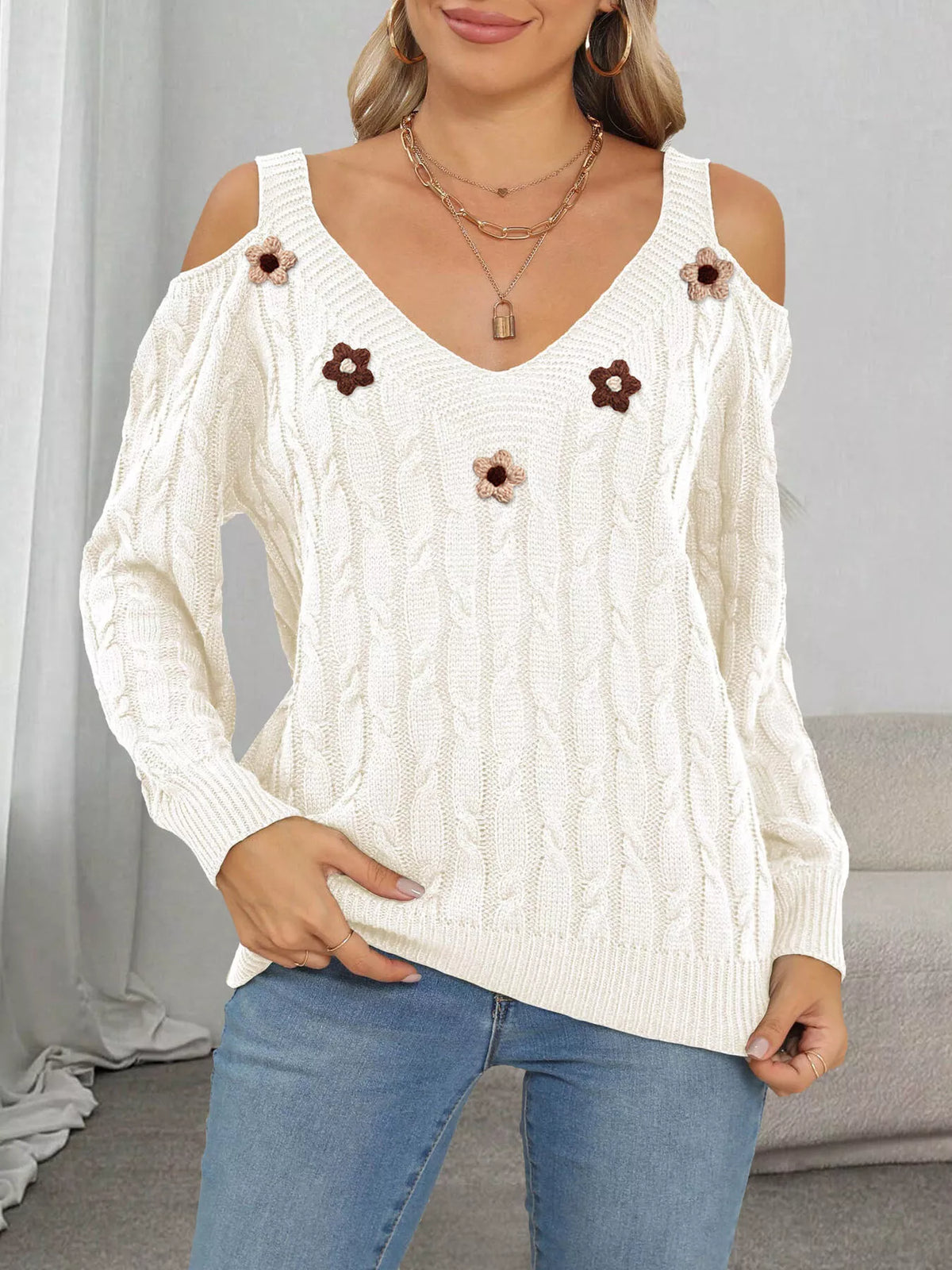 Floral Applique Cold Shoulder Cable-Knit Sweater in Rice White - women's sweater
