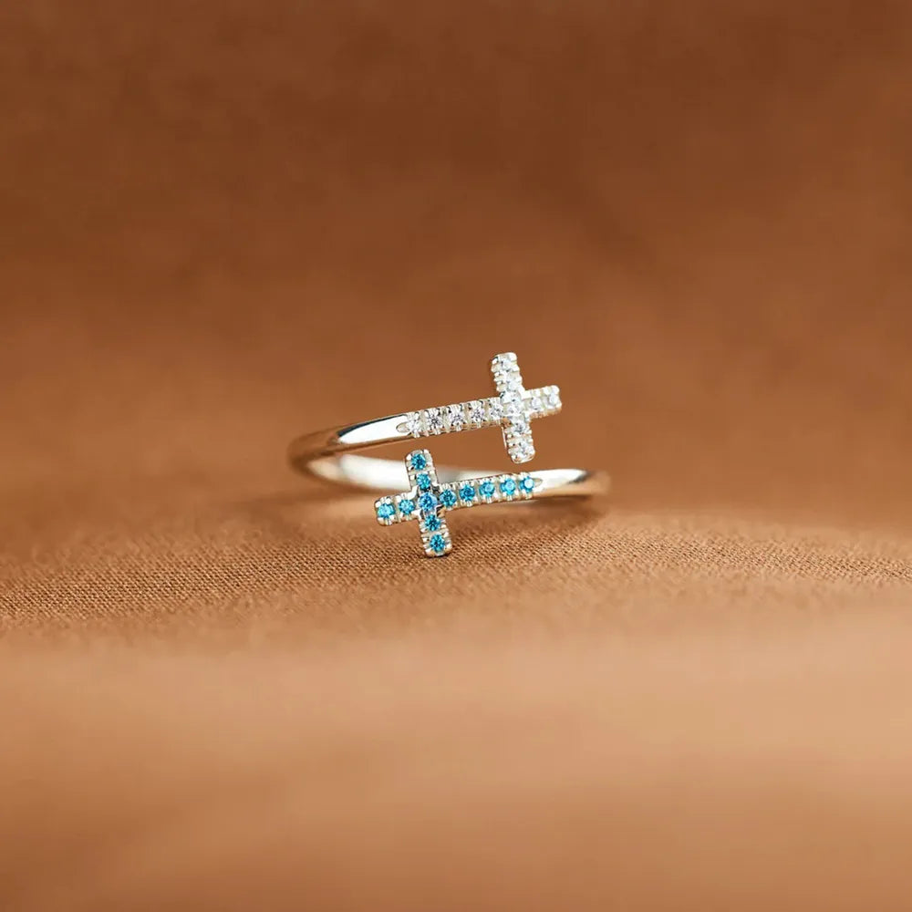 Zircon Sterling Silver Double Cross Bypass Ring - alternate ring view