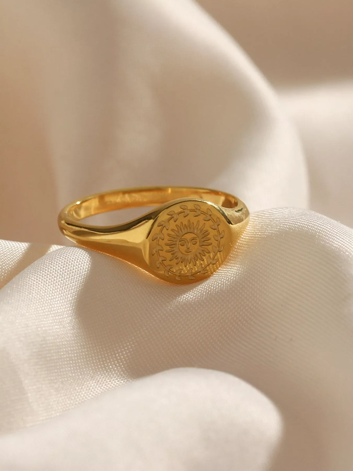 18K Gold-Plated Sun Motif Signet Ring in Style A - women's signet ring
