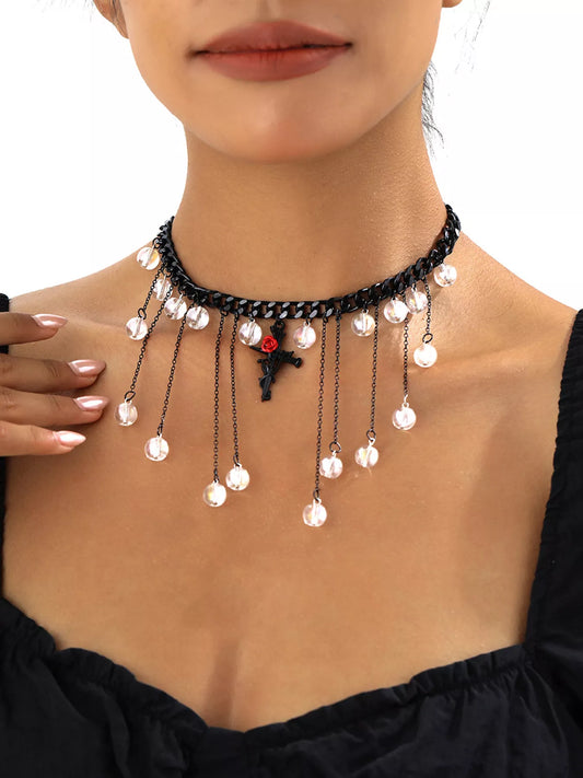 Gothic Rose Cross Dangle Necklace in Black - women's necklace