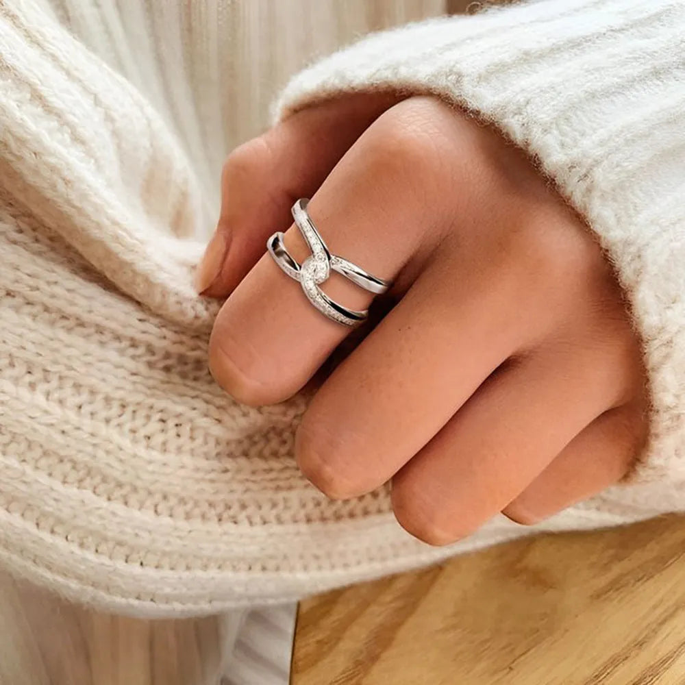 Twisted Inlaid Zircon Double-layered Ring in Silver - women's ring