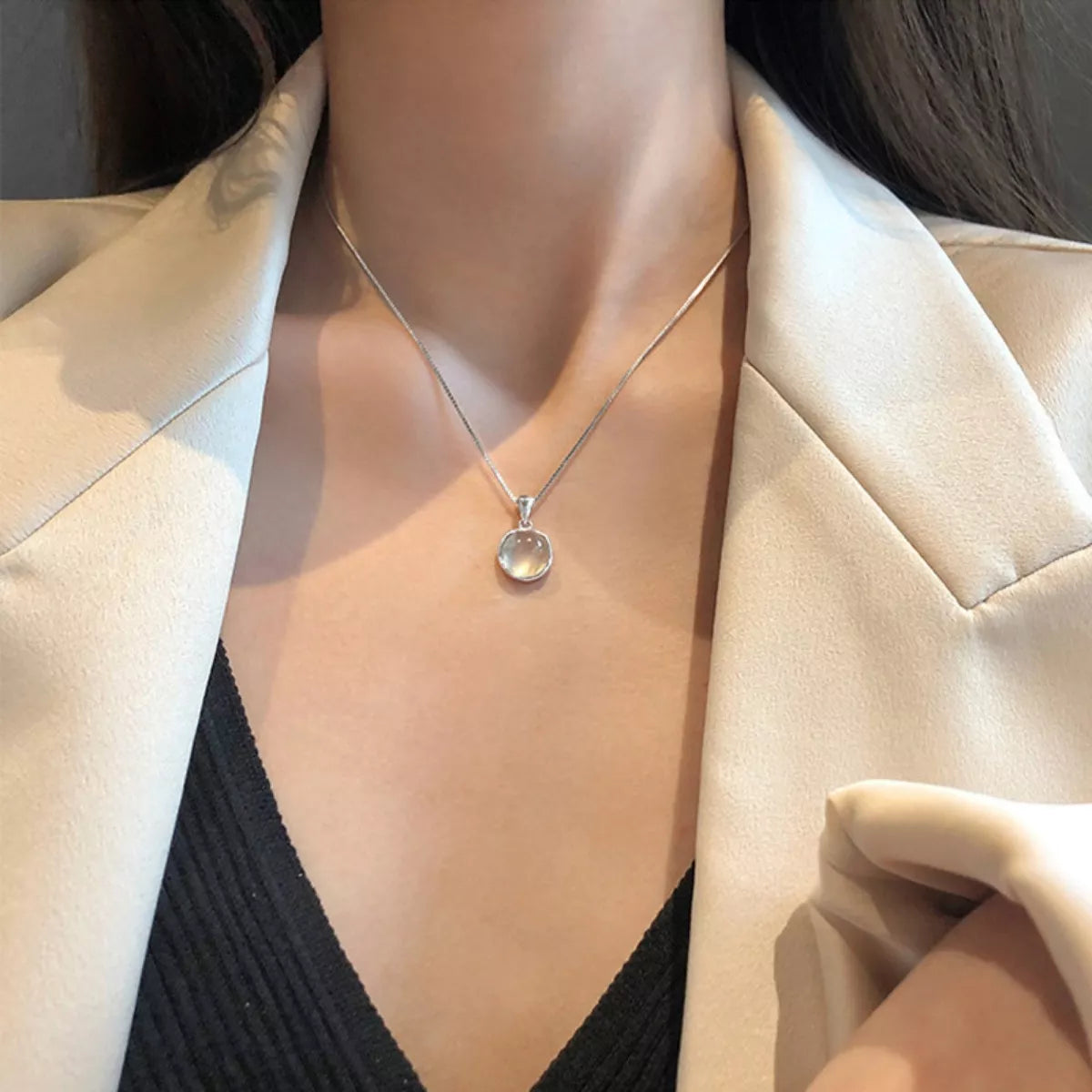 Sterling Silver Cat's Eye Stone Pendant Necklace - alternate necklace view