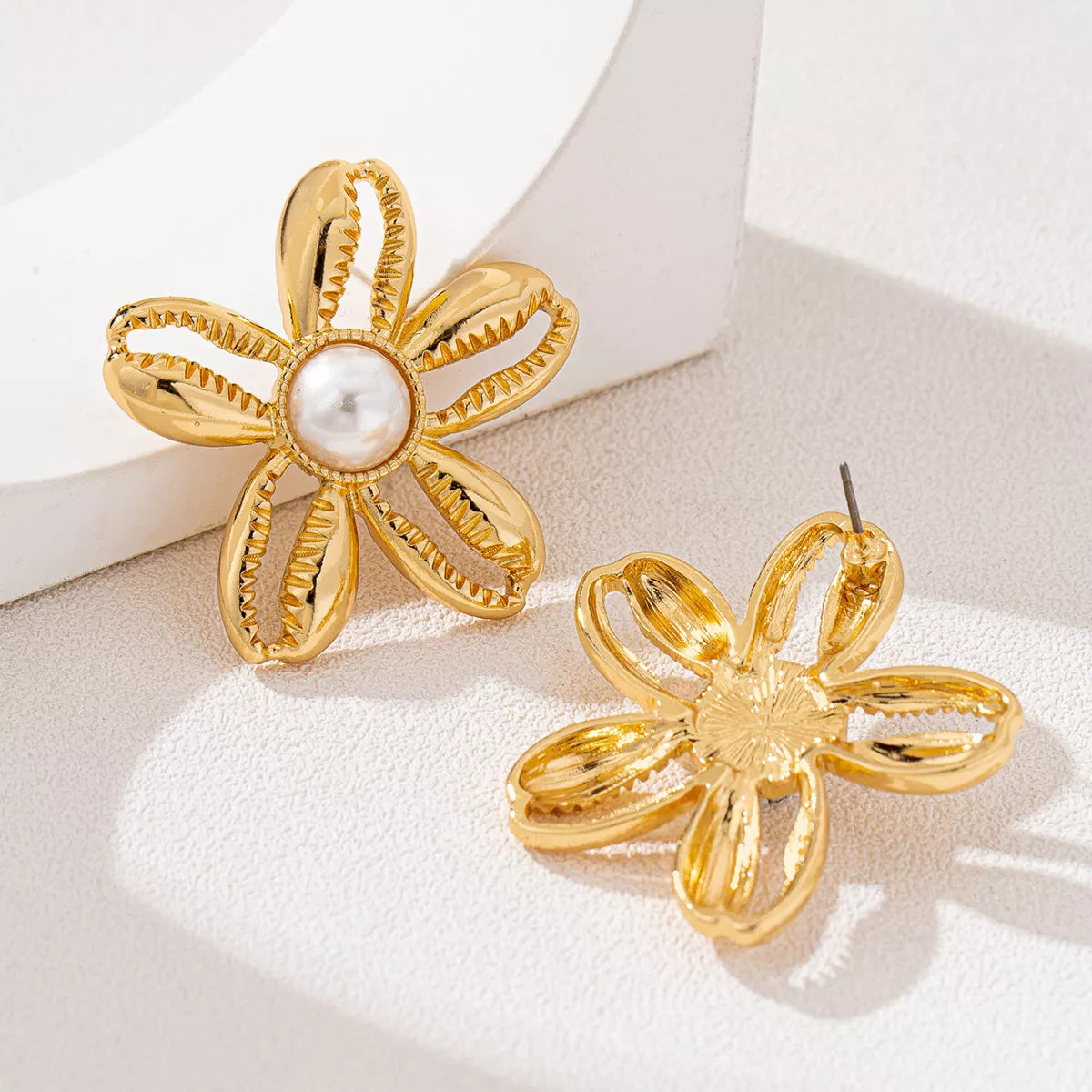 18K Gold-Plated Gold Flower Synthetic Pearl Stud Earrings - alternate earring view