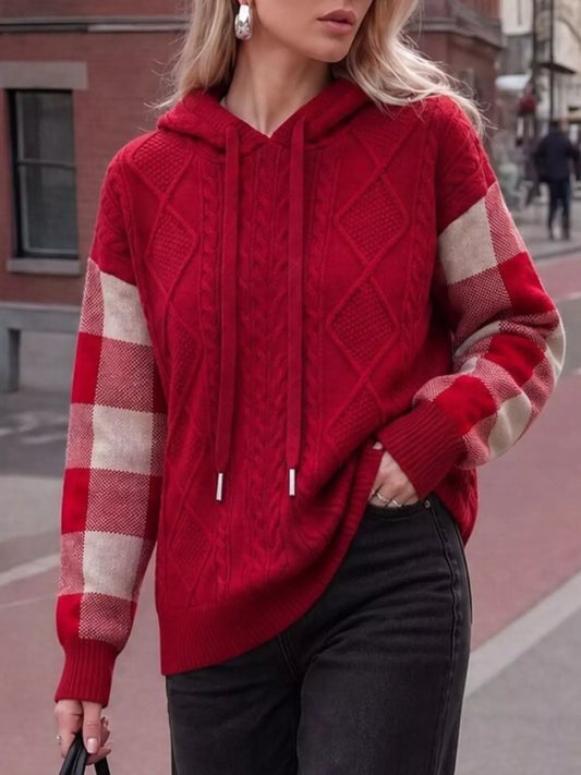 Cable-Knit Plaid Sleeves Hooded Sweater in Red - women's hooded sweater
