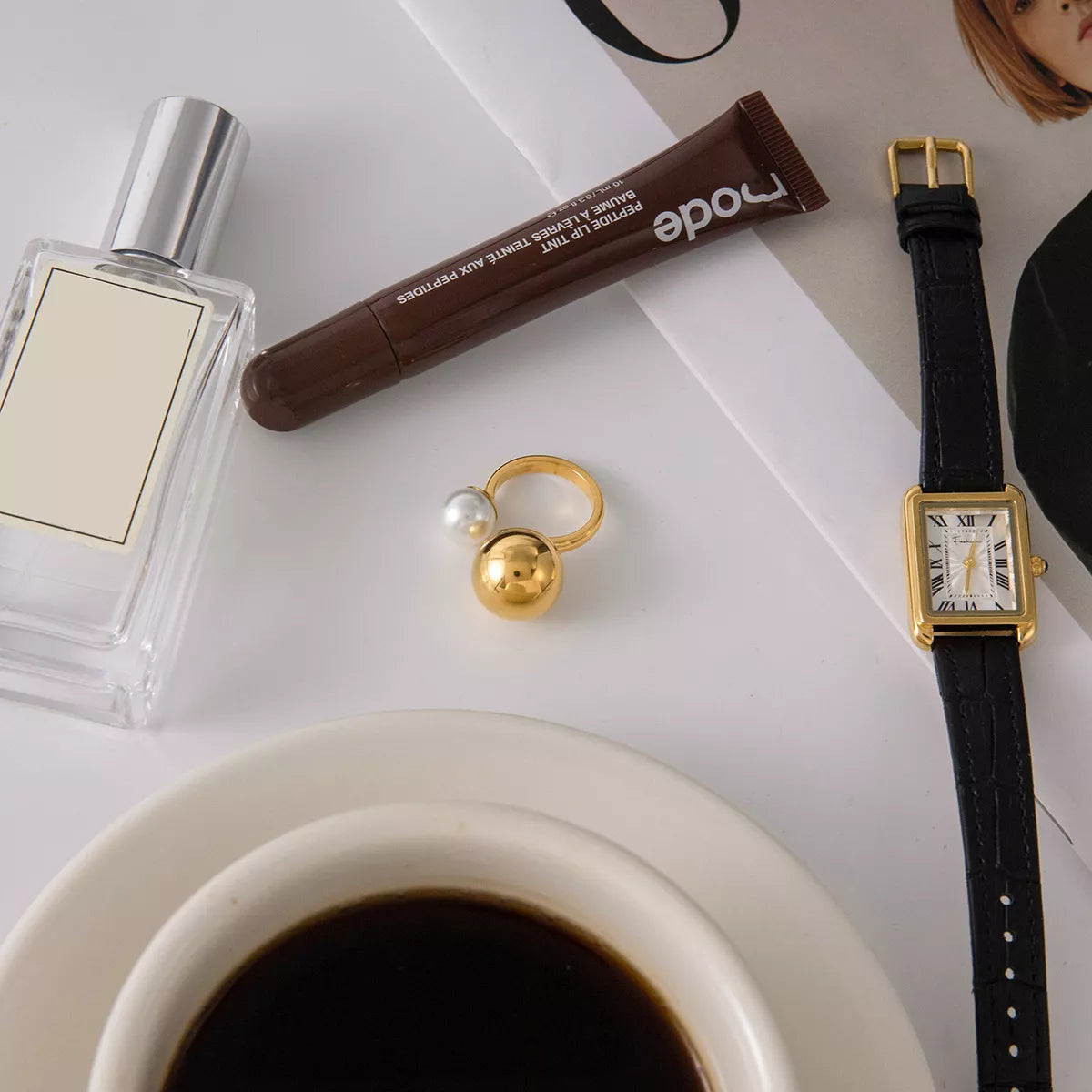 18K Gold-Plated Orb & Pearl Open Ring - alternate ring view
