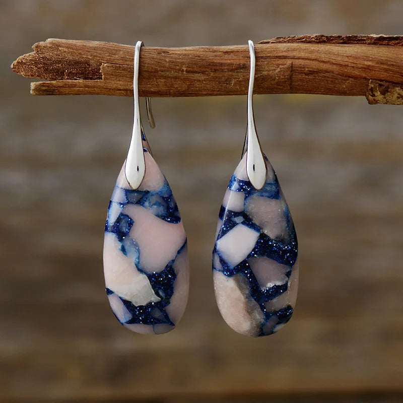 Teardrop Shape Natural Stone Dangle Earrings in Pink Blue/Silver - women's dangle earrings