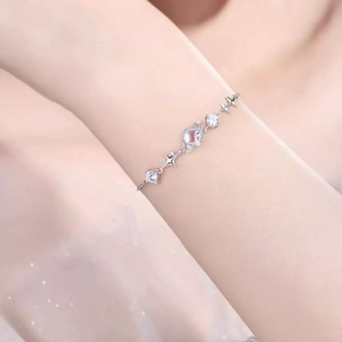 Sterling Silver Zircon Star Adjustable Bracelet in Silver - women's bracelet