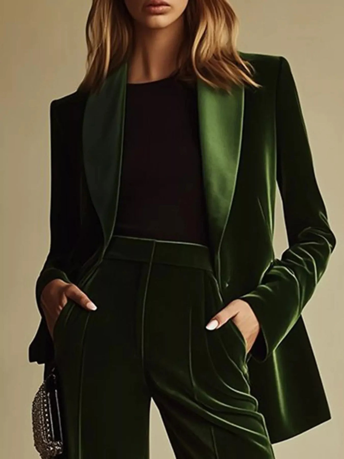 Velvet Blazer and Wide-Leg Pants Set in Green - Blossom's