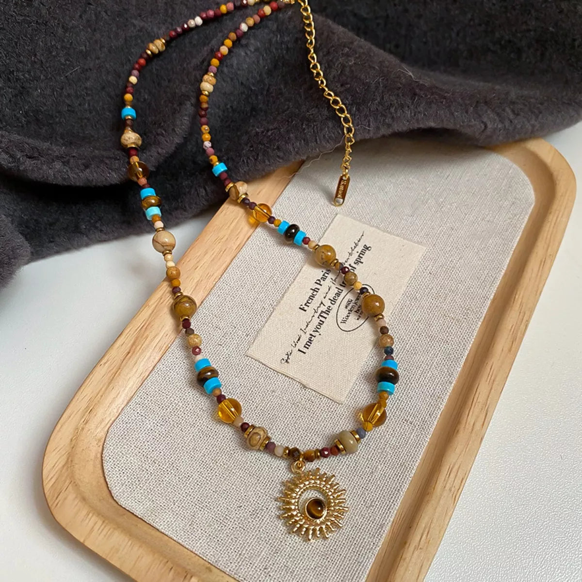 Multi-Color Beaded Sunflower Pendant Necklace - alternate necklace view
