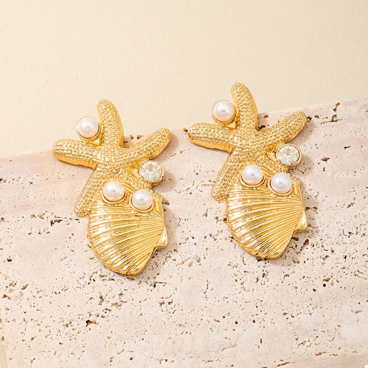 Ocean Starfish Shell Synthetic Pearl Drop Earrings - alternate earring view