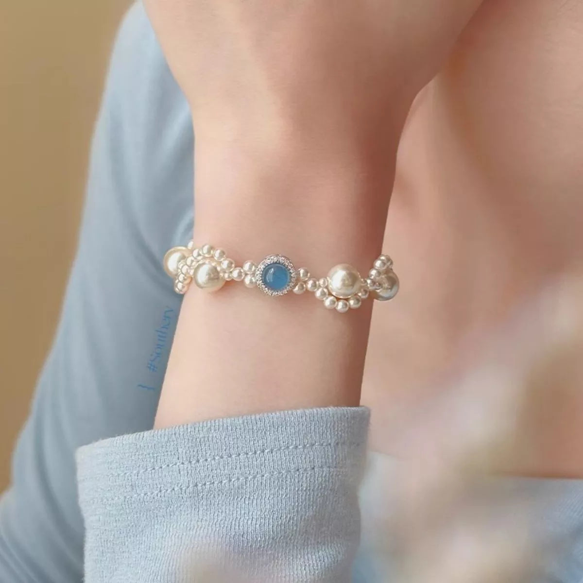 Pearl Sterling Silver Zircon Bracelet in Sky Blue - women's pearl bracelet