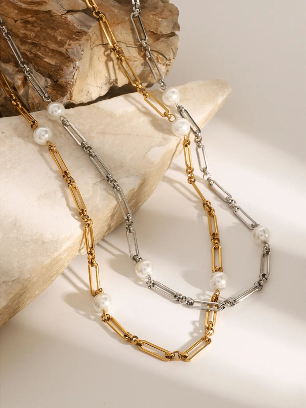 Stainless Steel Pearl Chain Necklace - alternate necklace view