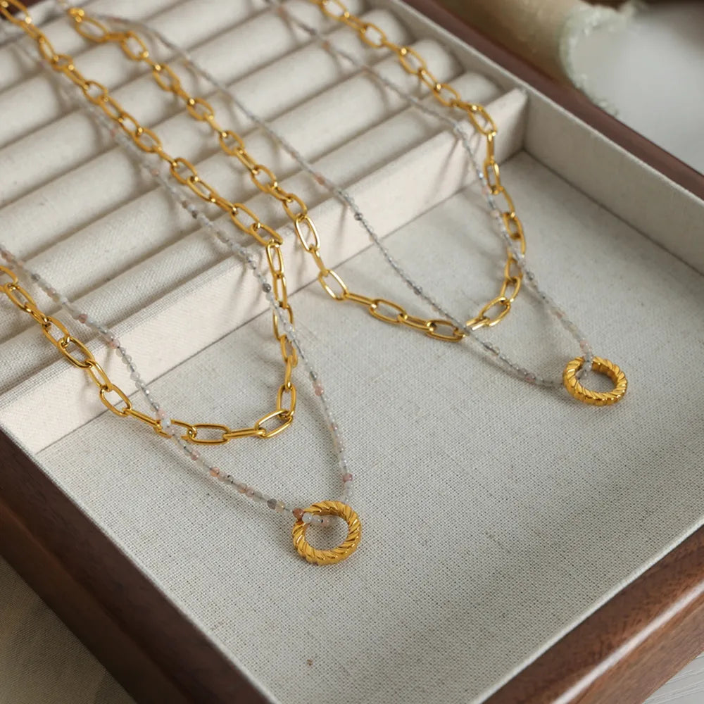Beaded Double-Layered Titanium Steel Necklace - alternate necklace view
