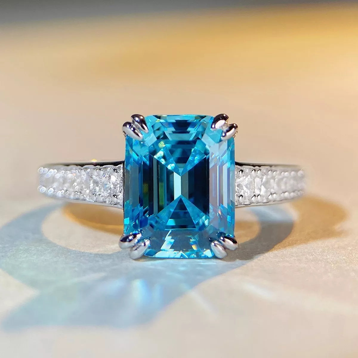 Sterling Silver Zircon Geometric Ring in Pastel Blue - women's ring