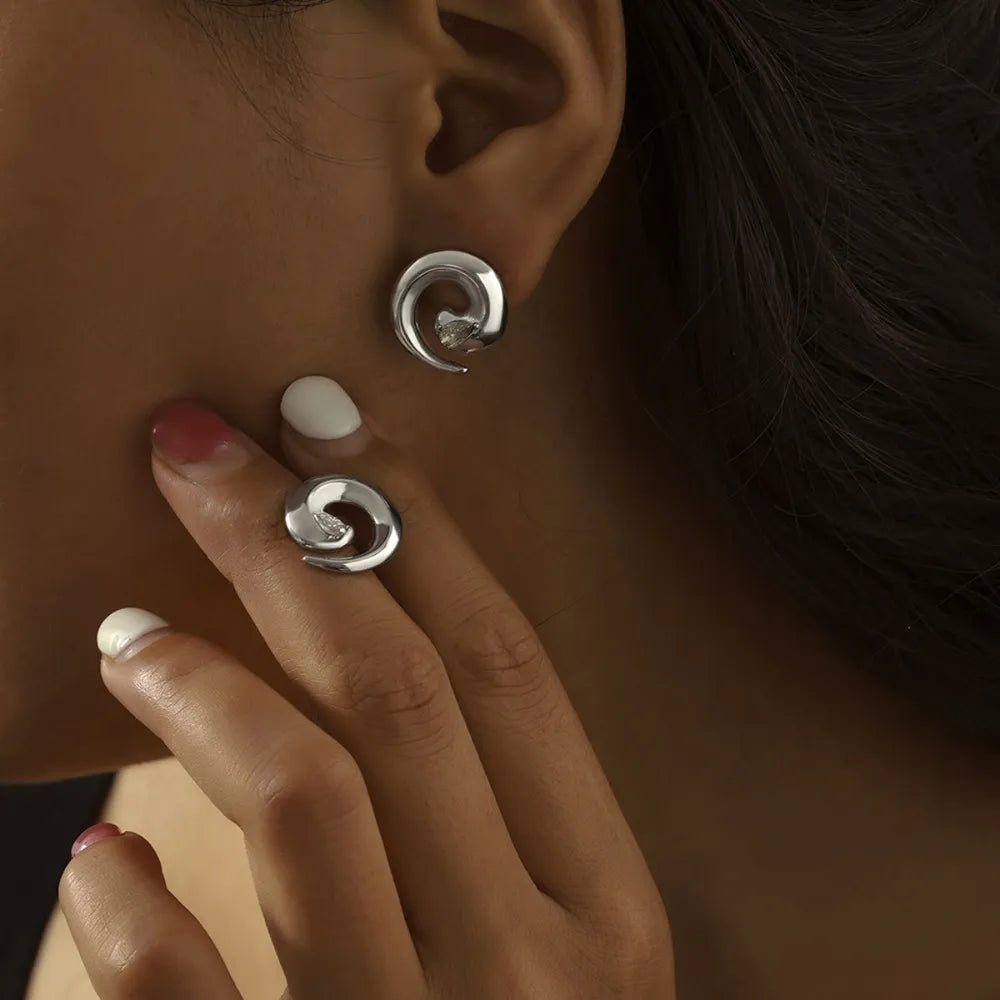 Titanium Steel Zircon Spiral Shape Earrings - alternate earring view