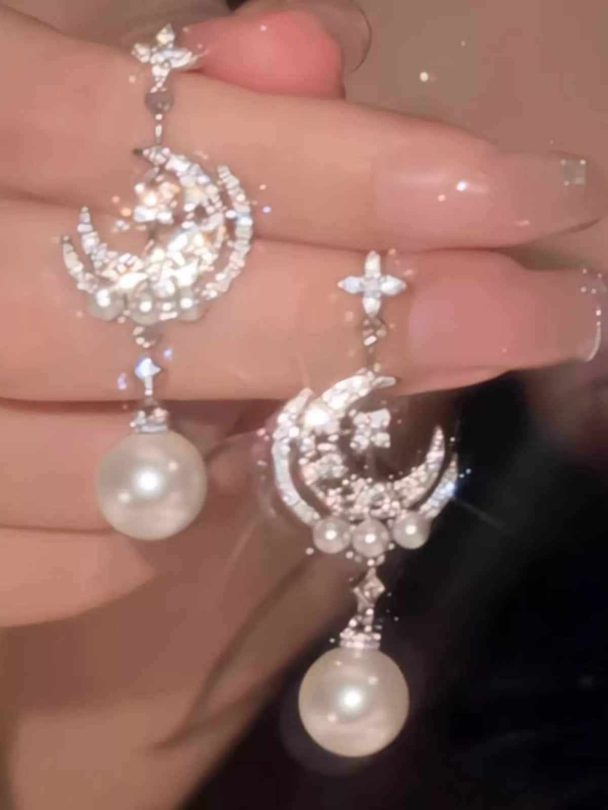 Moon & Star Pearl Dangle Earrings - alternate earring view