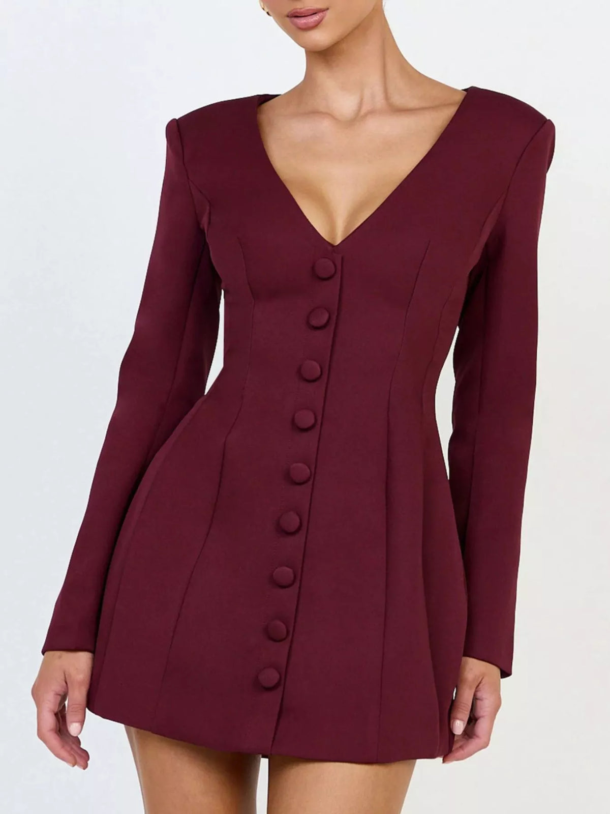 Deep V-Neck Button-Down Blazer Dress in Wine Red - Blossom's