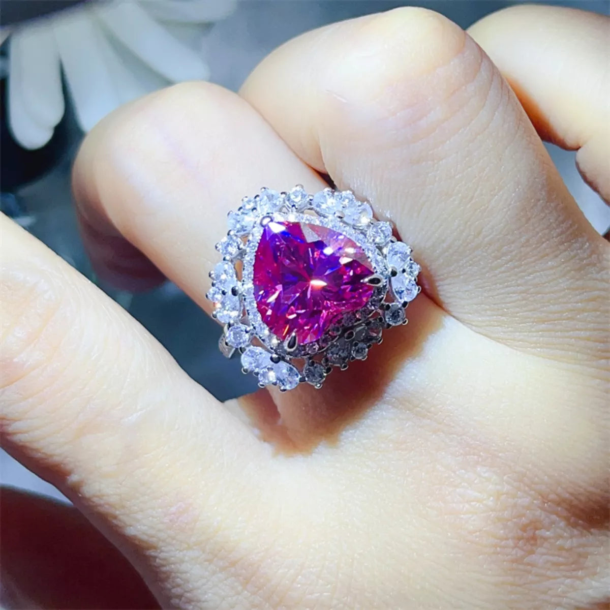 5 Carat Moissanite Sterling Silver Heart-Shaped Ring in Pink - women's ring