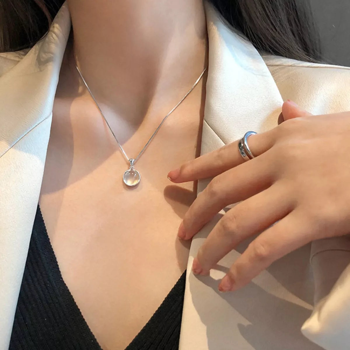 Sterling Silver Cat's Eye Stone Pendant Necklace - alternate necklace view