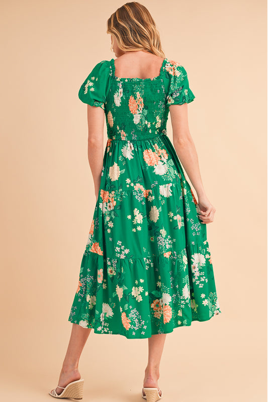 Green Floral Tiered Midi Dress