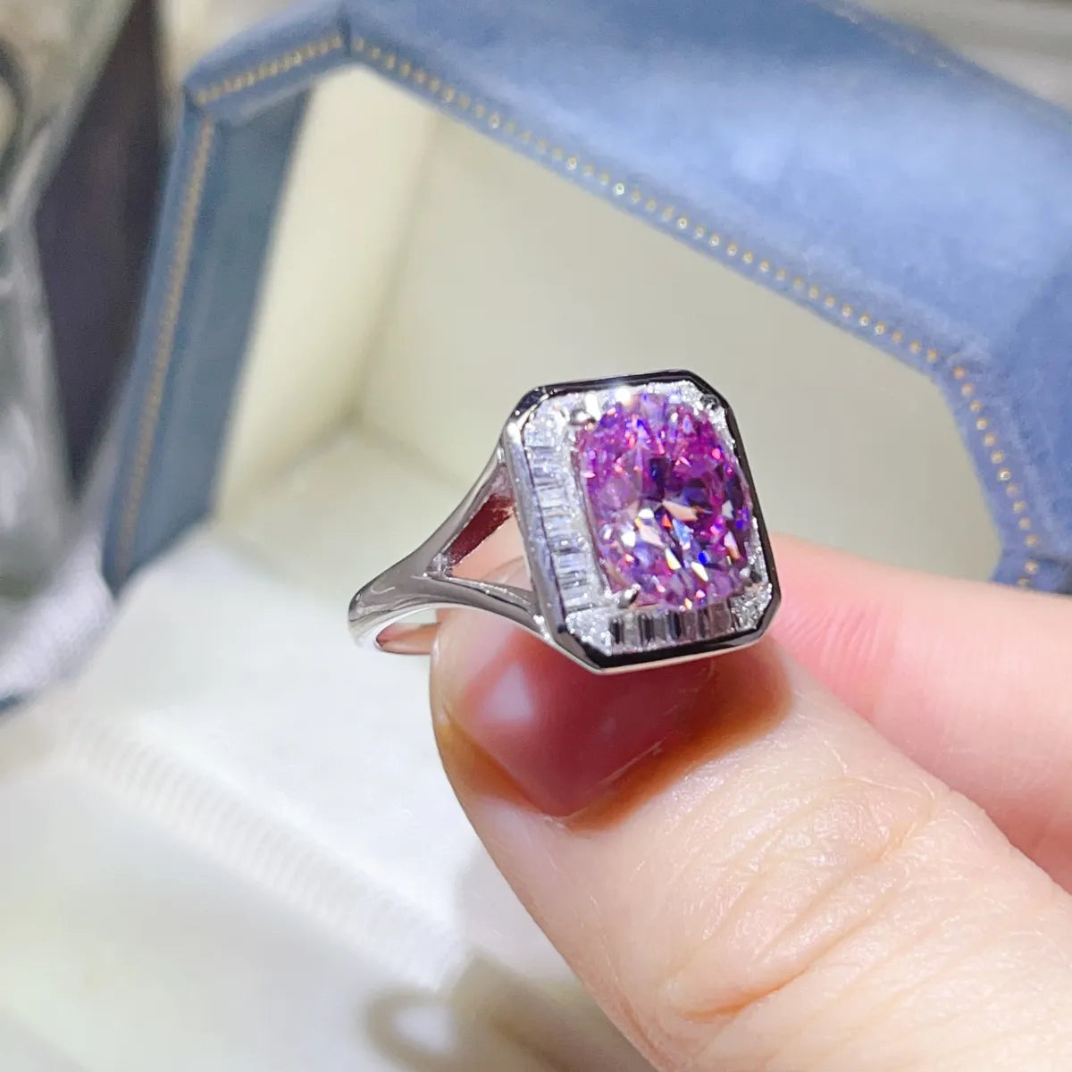 3 Carat Moissanite Square Ring in Pink Purple - women's ring
