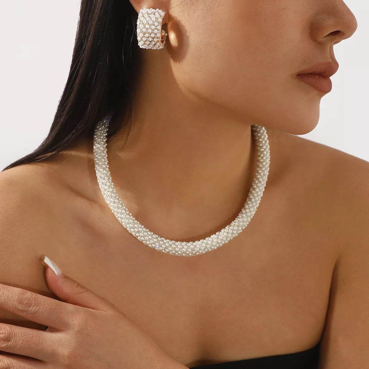 Pearl Embellished Earrings and Necklace Set - alternate necklace view