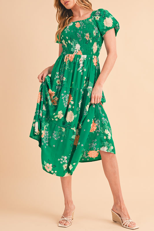 Green Floral Tiered Midi Dress