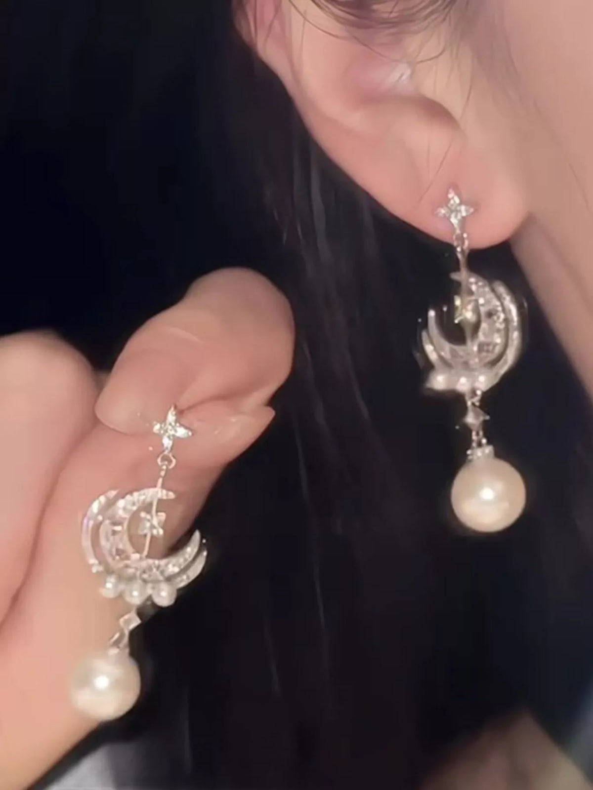 Moon & Star Pearl Dangle Earrings - alternate earring view