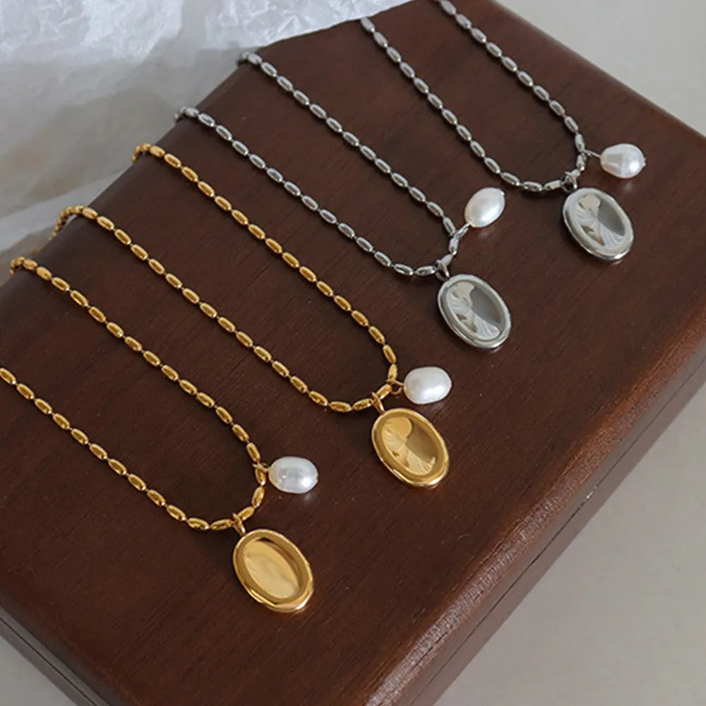Titanium Steel Freshwater Pearl Pendant Necklace in Gold - women's pendant necklace