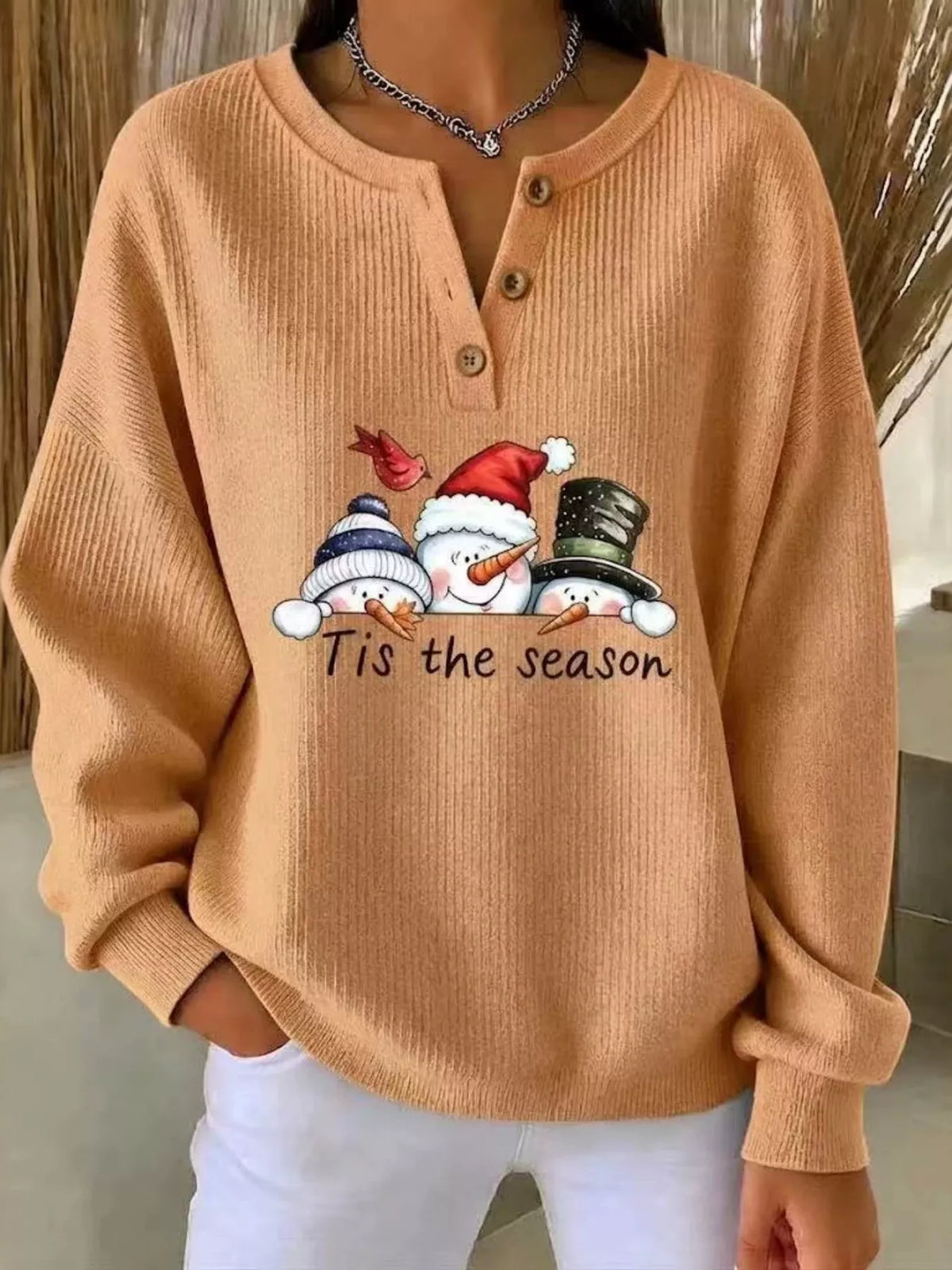 Christmas Themed Snowman Graphic Ribbed Henley Sweatshirt in Turquoise - women's sweatshirt