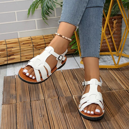 Open-Toe Flat Sandals in White - women's flat sandals