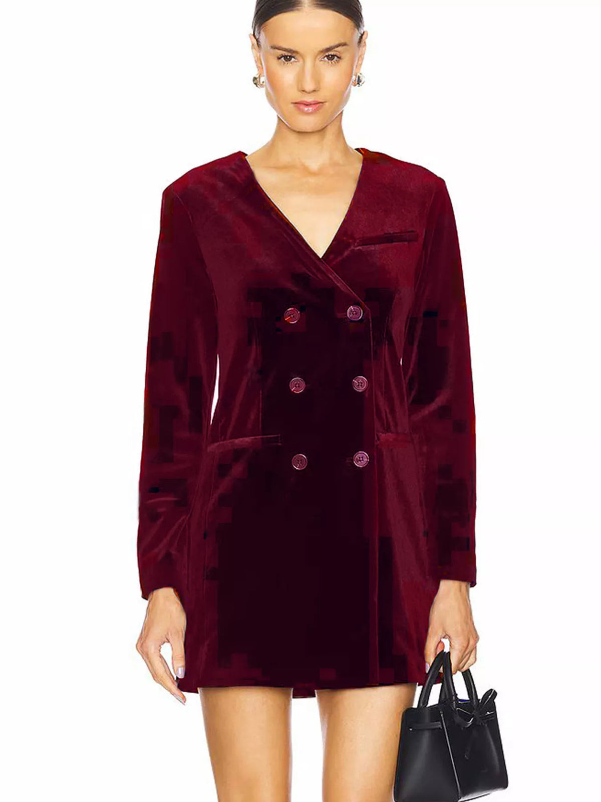 Velvet Double-Breasted Blazer Dress in Wine Red - Blossom's