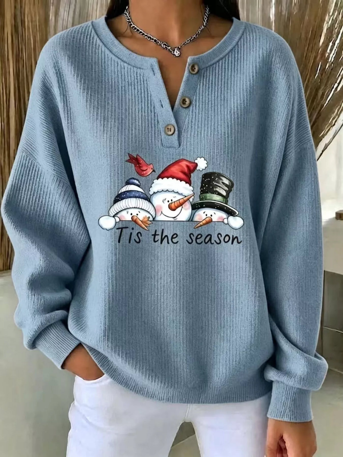 Christmas Themed Snowman Graphic Ribbed Henley Sweatshirt in Scarlet - women's sweatshirt