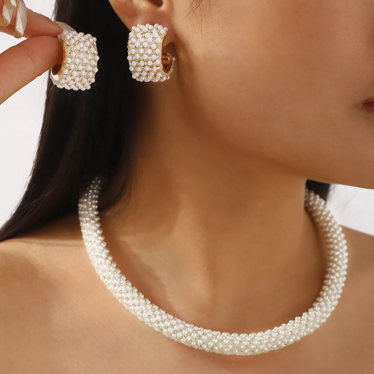 Pearl Embellished Earrings and Necklace Set - alternate necklace view