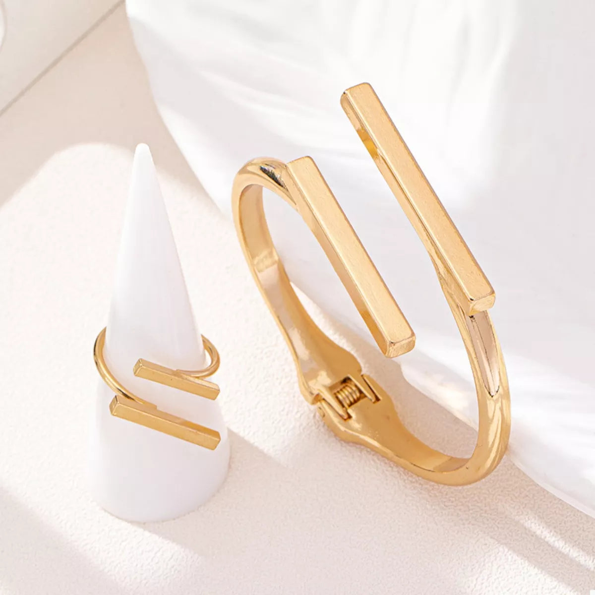 Adjustable 18K Gold-Plated Modern Bar Bracelet & Ring Set - alternate jewelry view