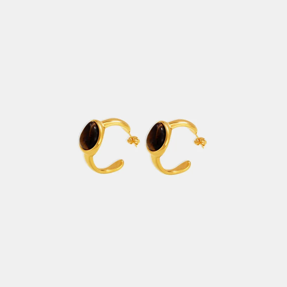Stainless Steel Natural Tiger's Eye C-Hoop Earrings - alternate earring view