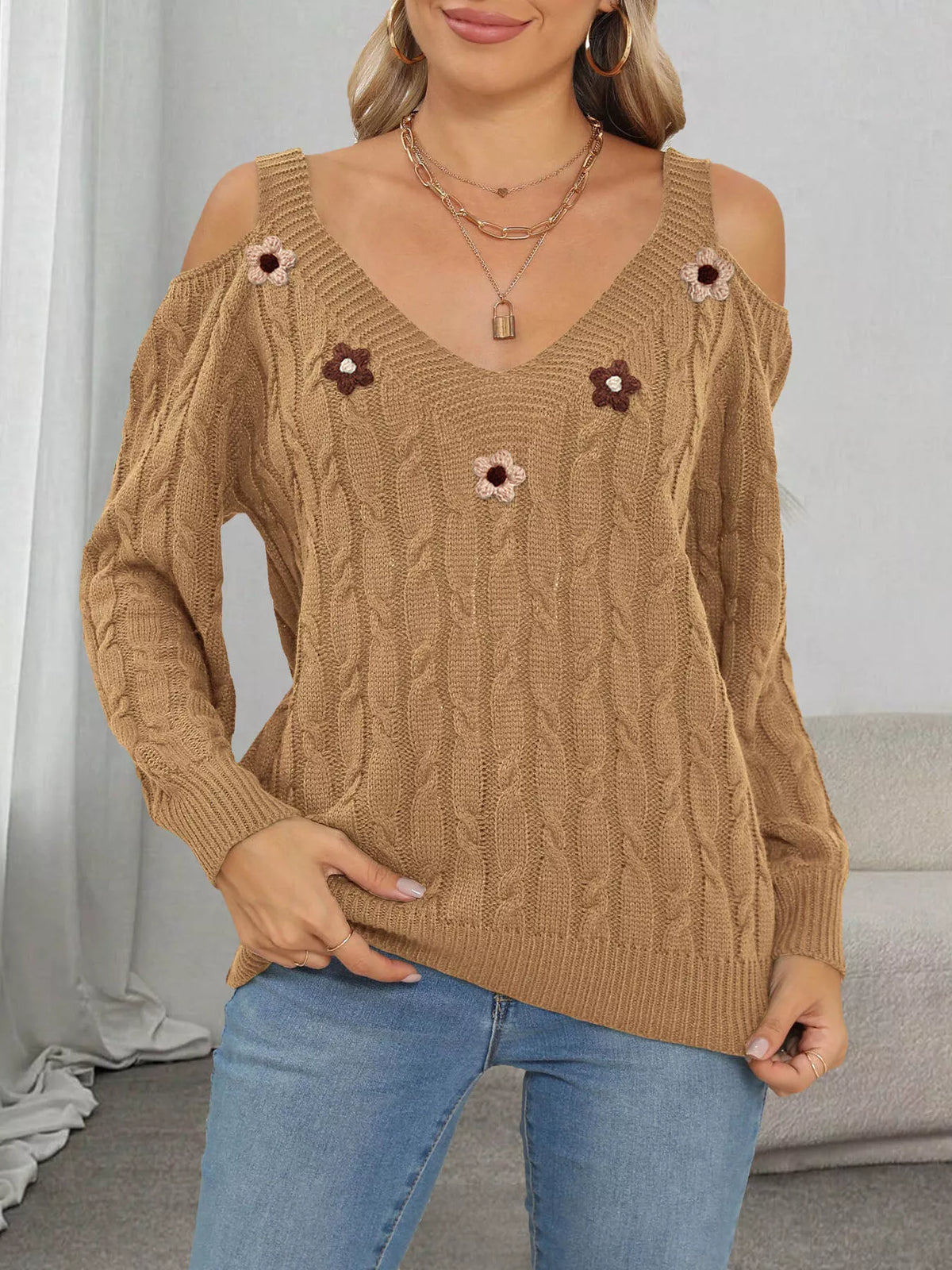 Floral Applique Cold Shoulder Cable-Knit Sweater in Camel Color - women's sweater