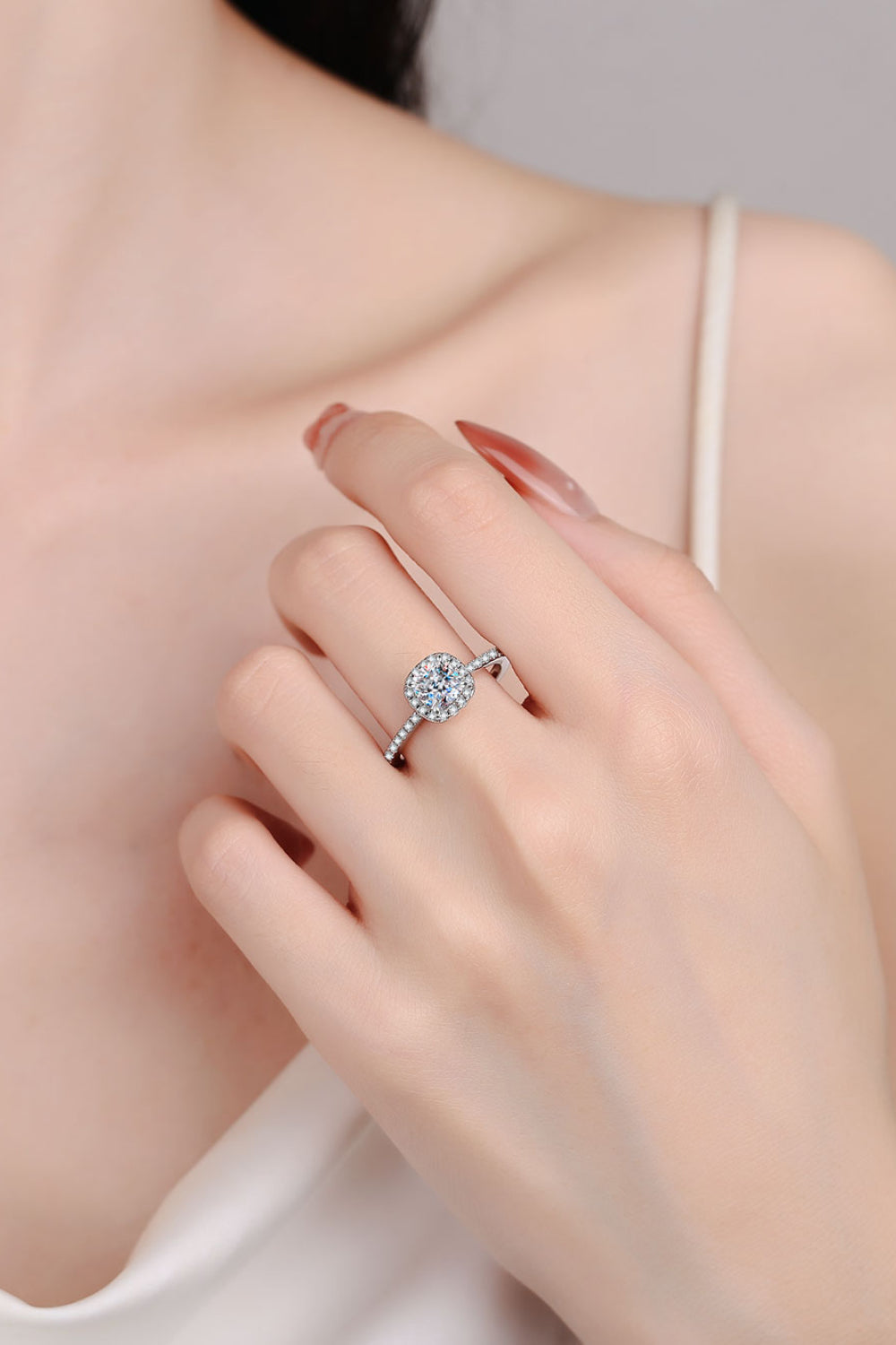 1 Carat Moissanite Sterling Silver Halo Ring in Silver - women's halo ring