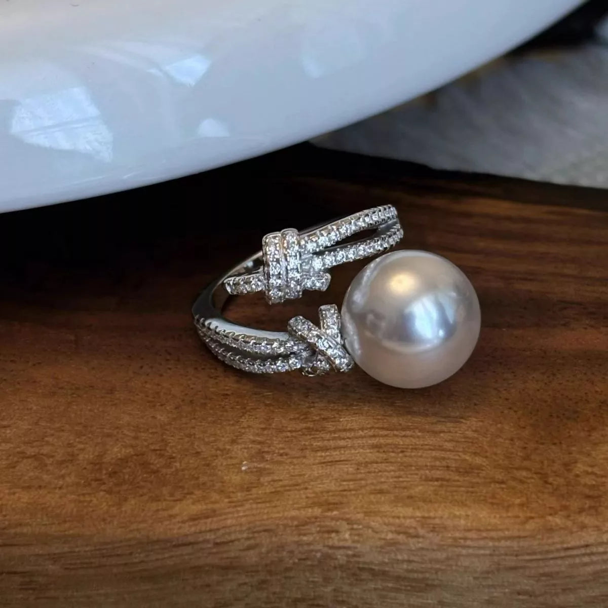 Pearl Zircon Bypass Ring - alternate ring view