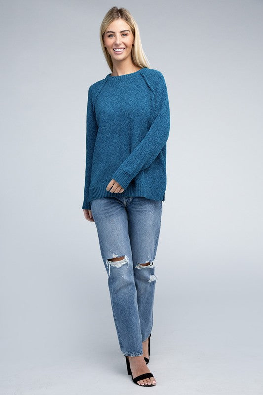 Chenille Side‑Slit Crew Sweater