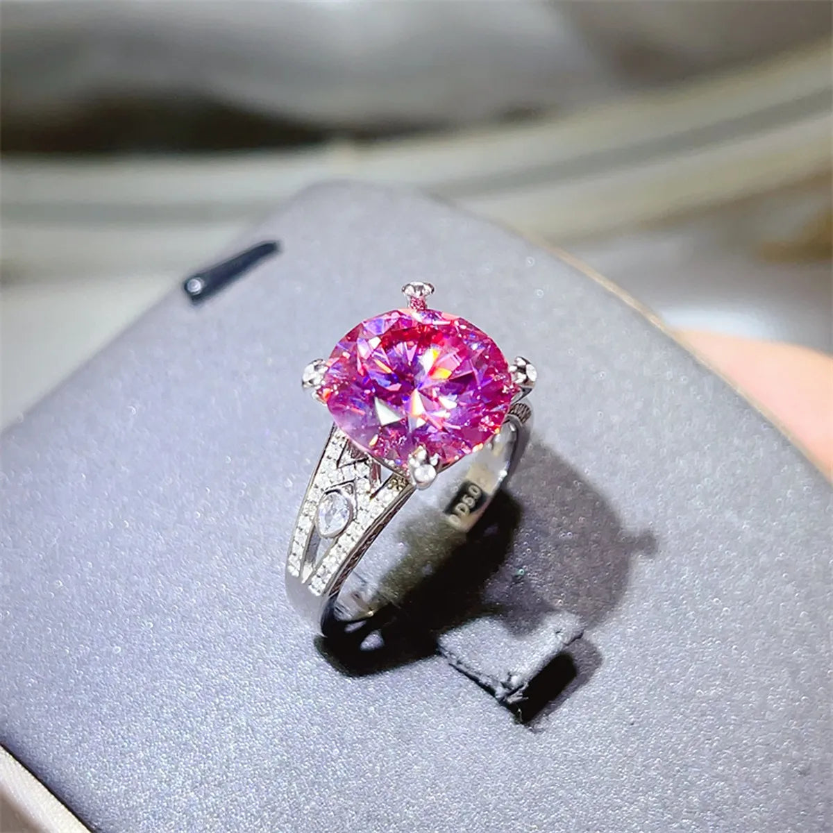 5 Carat Moissanite Sterling Silver Ring in Pink Purple - women's ring