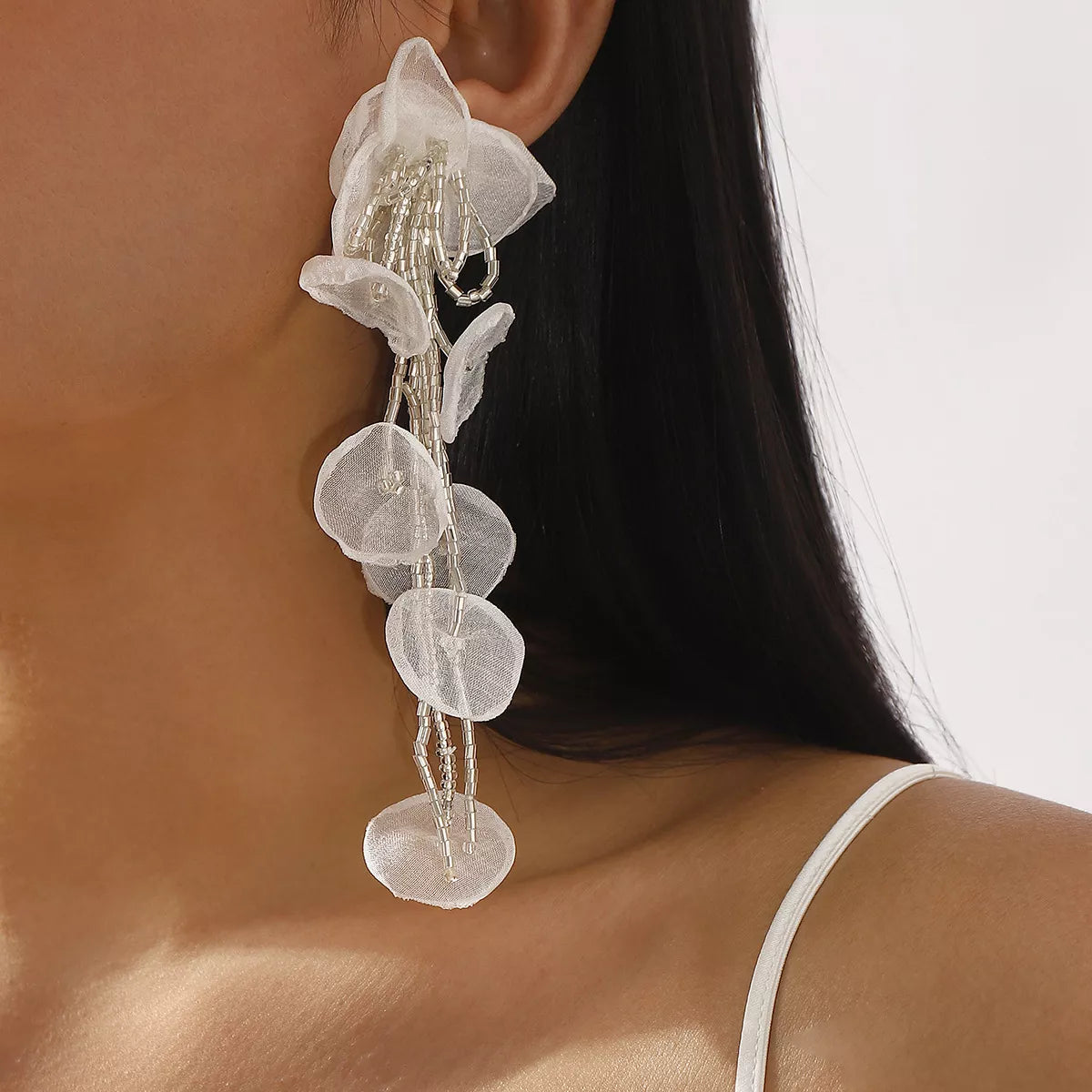 Floral Petal Beaded Tassel Drop Earrings - alternate earring view