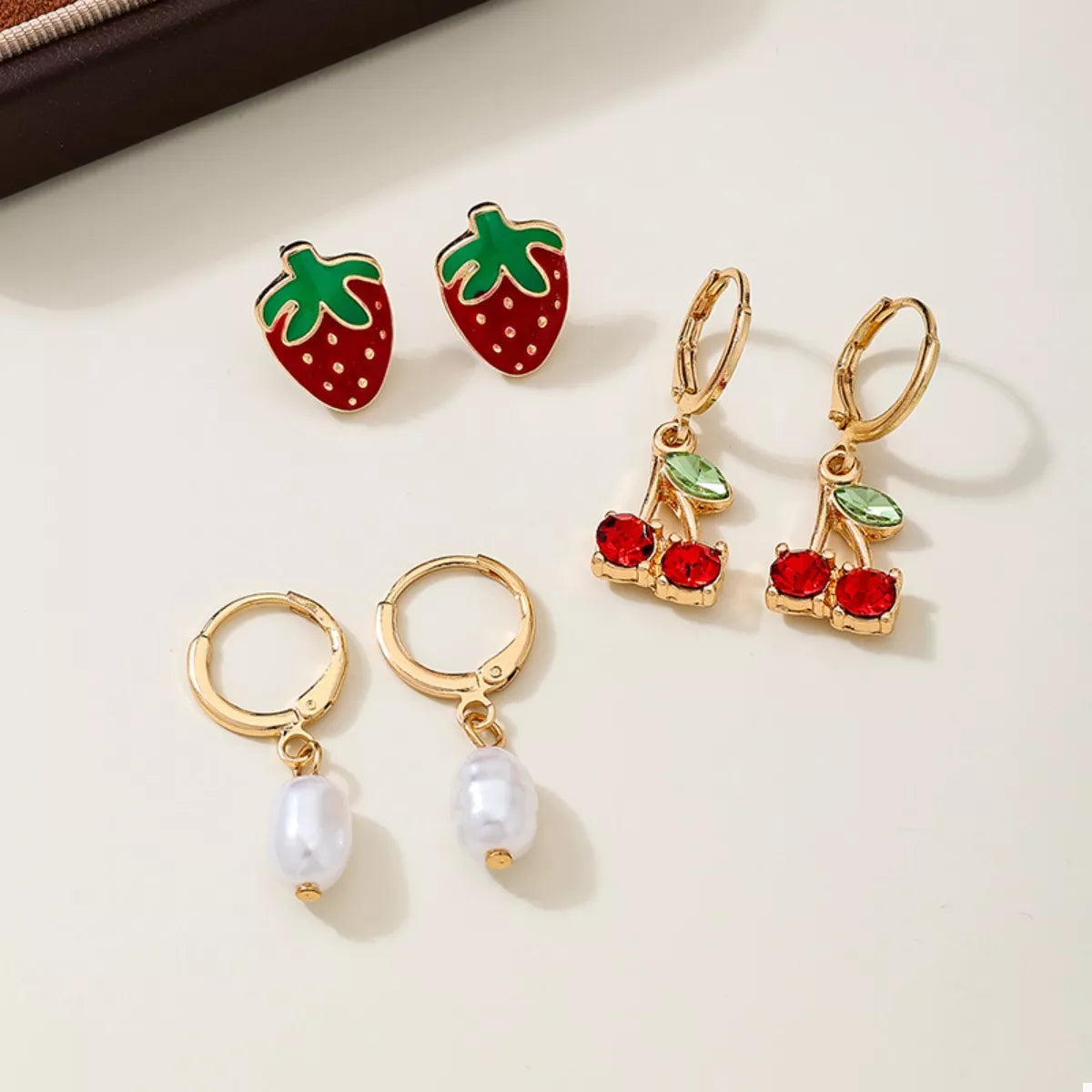 3 Piece 18K Gold-Plated Strawberry Cherry and Pearl Earrings - alternate earring view