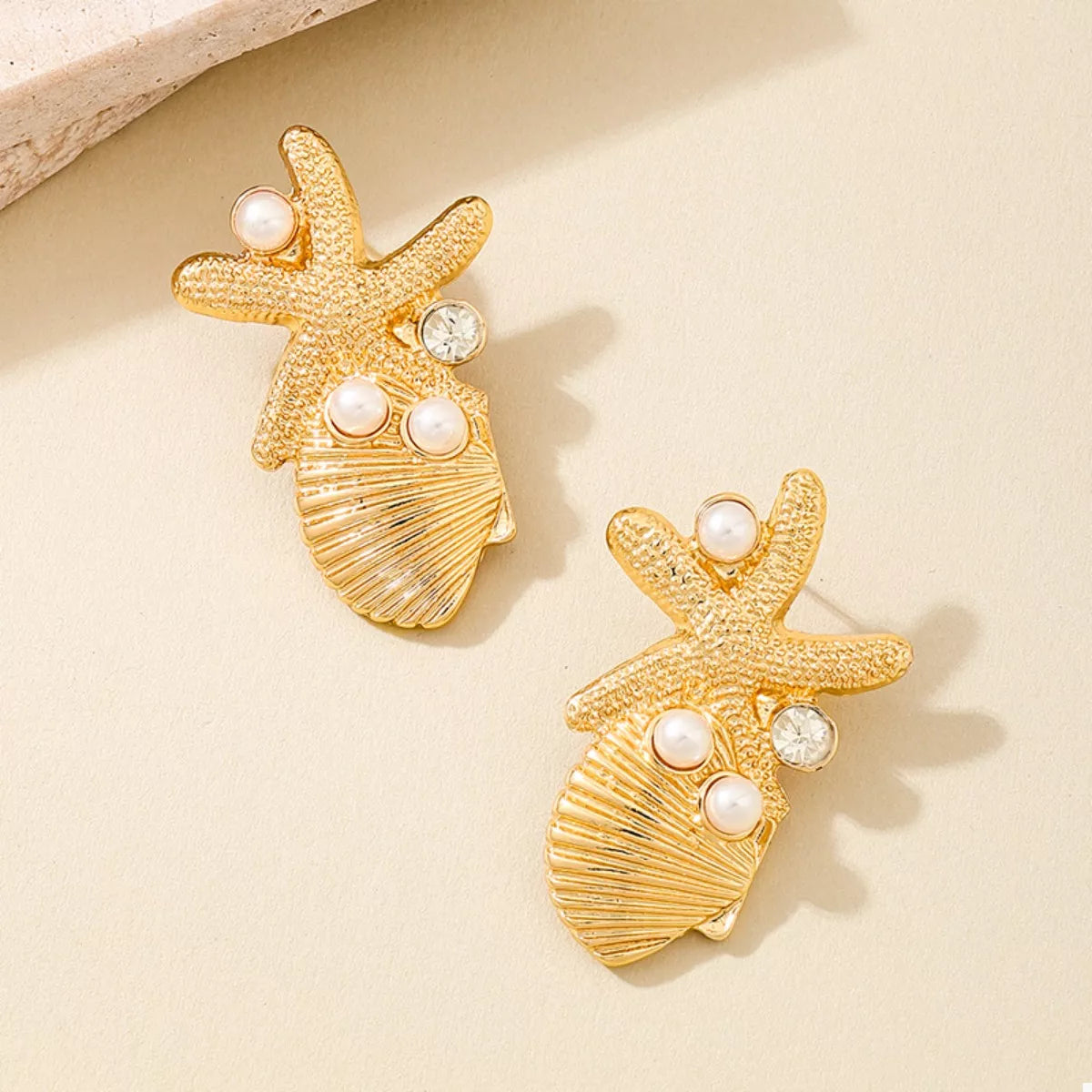 Ocean Starfish Shell Synthetic Pearl Drop Earrings - alternate earring view