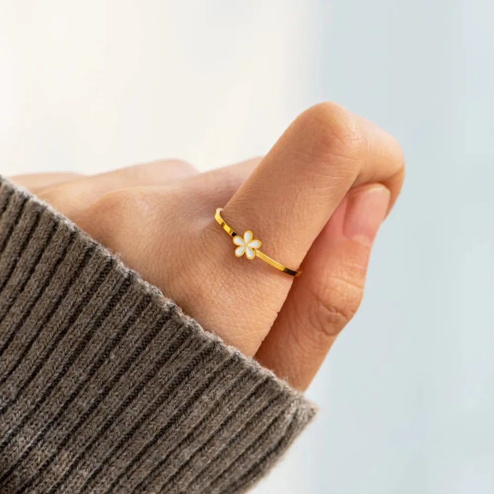 Sterling Silver Enamel Flower Ring in White - women's ring