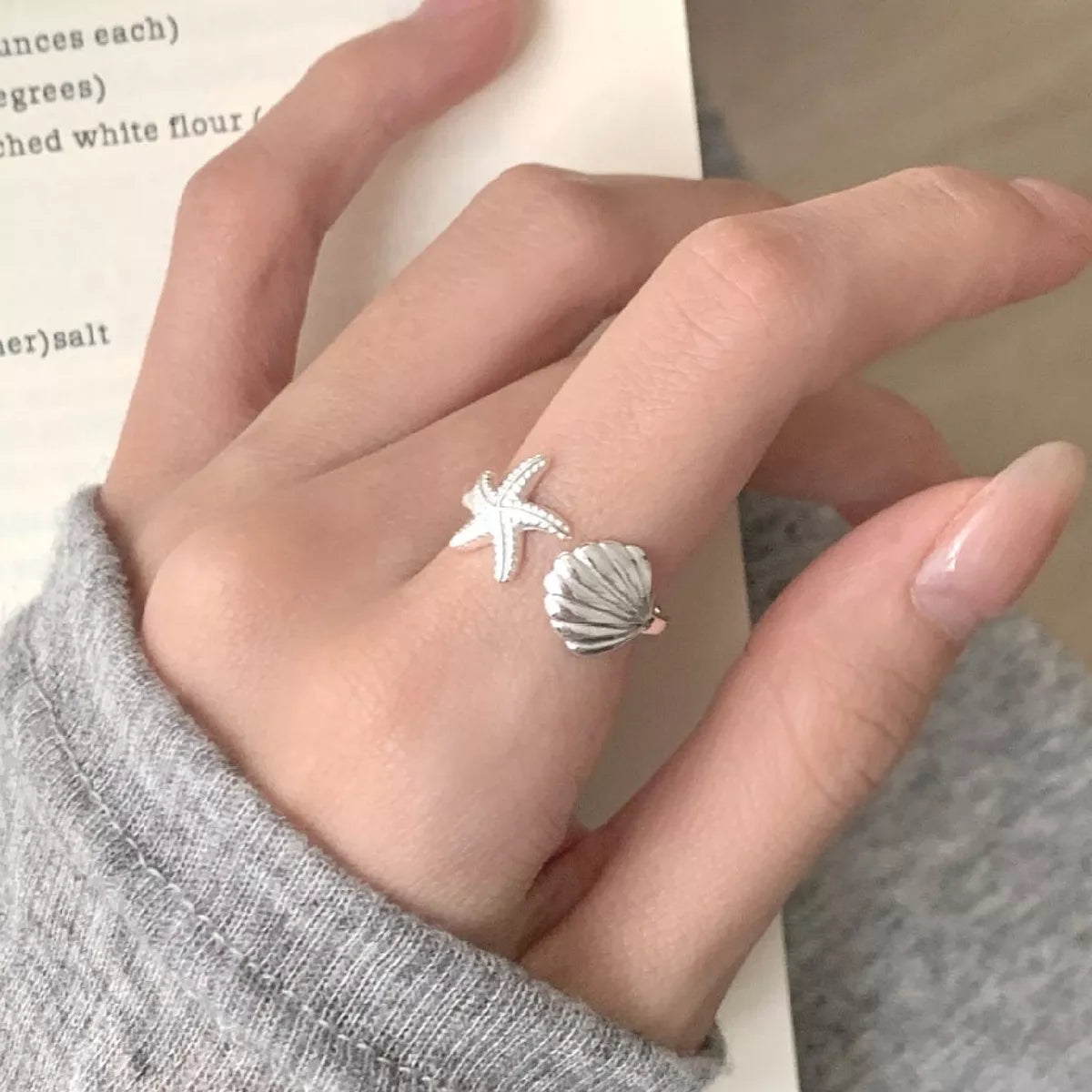 Starfish & Seashell Open Ring in Silver - women's open ring
